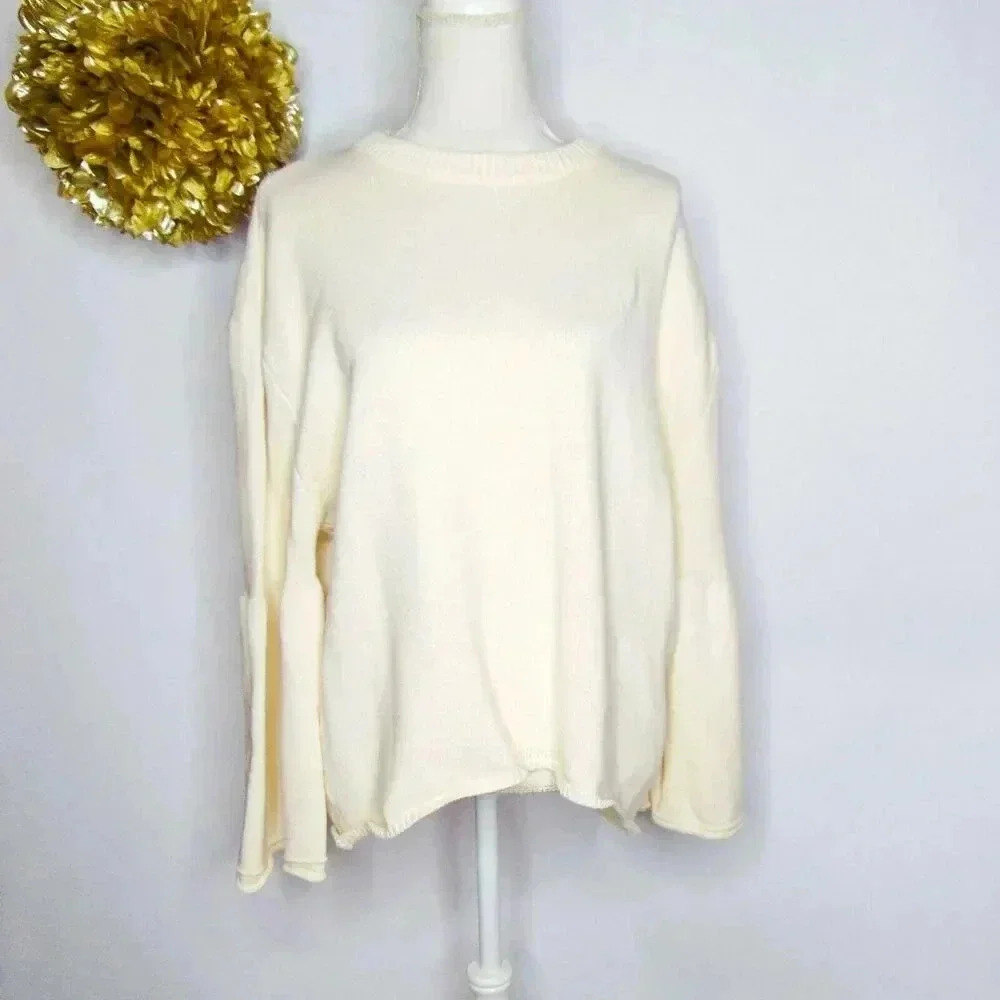 Stelen Womens Pullover Sweater Cream White Long Trumpet Sleeves Crew Neck M/L
